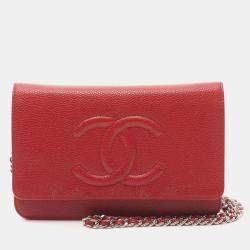 Pre Owned Chanel CC Red Grained Calfskin Wallet On Chain