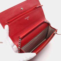 Pre Owned Chanel CC Red Grained Calfskin Wallet On Chain