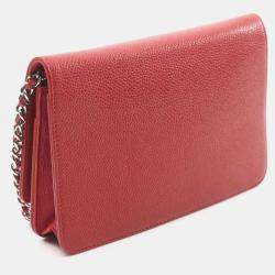 Pre Owned Chanel CC Red Grained Calfskin Wallet On Chain