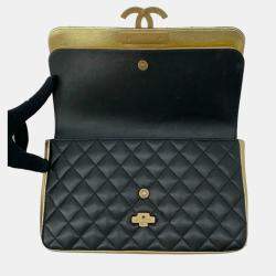 Pre Owned Chanel Black Medium Quilted Metallic Lambskin CC Chic Double Flap