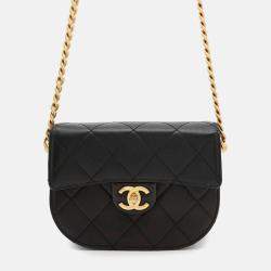 Pre Owned Chanel Matelasse Chain Shoulder Bag Black Lambskin