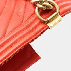 Pre Owned Chanel Boy Chevron Red Lambskin Leather Shoulder Bag