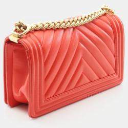 Pre Owned Chanel Boy Chevron Red Lambskin Leather Shoulder Bag