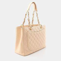 Pre Owned Chanel Matelasse Grand Shopping Gst Chain Tote Bag A50995 Leather Beige Ghw