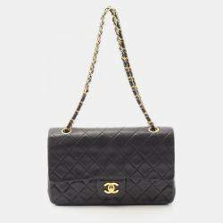 Pre Owned Chanel Matelasse Double Flap Shoulder Bag Lambskin Black Ghw