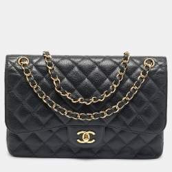 Pre Owned Chanel Black Quilted Caviar Leather Jumbo Classic Double Flap Bag