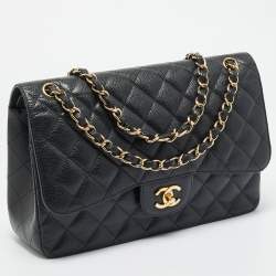 Pre Owned Chanel Black Quilted Caviar Leather Jumbo Classic Double Flap Bag