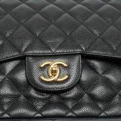 Pre Owned Chanel Black Quilted Caviar Leather Jumbo Classic Double Flap Bag