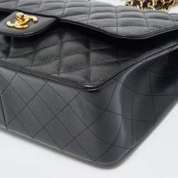 Pre Owned Chanel Black Quilted Caviar Leather Jumbo Classic Double Flap Bag