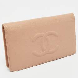 Pre Owned Chanel Beige Caviar Leather CC Bifold Long Wallet