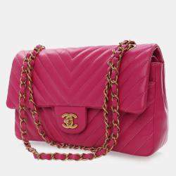 Pre Owned Chanel Pink Medium Classic Chevron Lambskin Double Flap