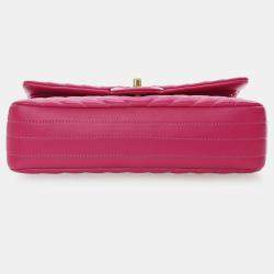 Pre Owned Chanel Pink Medium Classic Chevron Lambskin Double Flap
