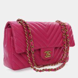 Pre Owned Chanel Pink Medium Classic Chevron Lambskin Double Flap