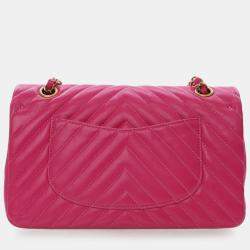 Pre Owned Chanel Pink Medium Classic Chevron Lambskin Double Flap