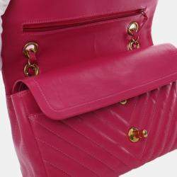 Pre Owned Chanel Pink Medium Classic Chevron Lambskin Double Flap