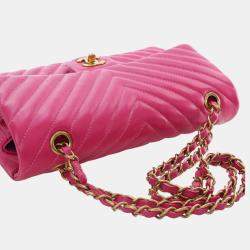 Pre Owned Chanel Pink Medium Classic Chevron Lambskin Double Flap