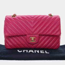 Pre Owned Chanel Pink Medium Classic Chevron Lambskin Double Flap