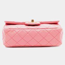 Pre Owned Chanel Pink Mini Rectangular Classic Lambskin Pearl Crush Single Flap