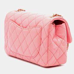 Pre Owned Chanel Pink Mini Rectangular Classic Lambskin Pearl Crush Single Flap