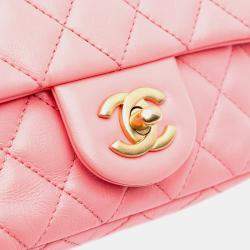 Pre Owned Chanel Pink Mini Rectangular Classic Lambskin Pearl Crush Single Flap