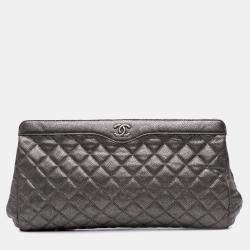 Pre Owned Chanel Silver CC Quilted Metallic Caviar Clutch