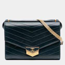 Pre Owned Chanel Green CC Chevron Calfskin Medal Flap