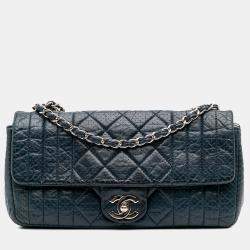 Pre Owned Chanel Navy Blue CC Quilted Perforated Aged Calfskin Flap