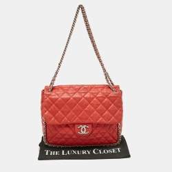 Pre Owned Chanel Red Quilted Leather Chain Around Flap Bag