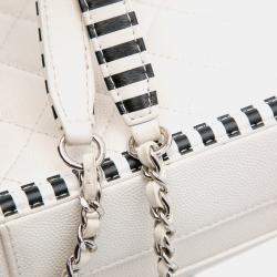 Pre Owned Chanel White Small Caviar Striped CC Filigree Vanity Case