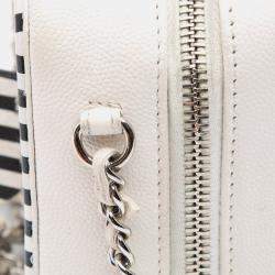 Pre Owned Chanel White Small Caviar Striped CC Filigree Vanity Case