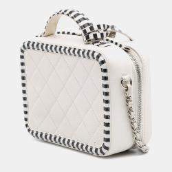 Pre Owned Chanel White Small Caviar Striped CC Filigree Vanity Case