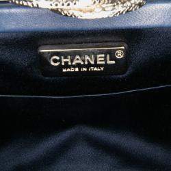 Pre Owned Chanel Navy Blue Satin Crystal Camellia Evening Frame Clutch