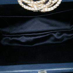 Pre Owned Chanel Navy Blue Satin Crystal Camellia Evening Frame Clutch