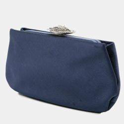 Pre Owned Chanel Navy Blue Satin Crystal Camellia Evening Frame Clutch