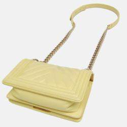 Pre Owned Chanel Boy V Stitch Yellow Leather Shoulder Bag