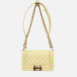 Pre Owned Chanel Boy V Stitch Yellow Leather Shoulder Bag