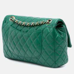 Pre Owned Chanel Green Medium Classic Lambskin Double Flap