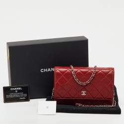 Pre Owned Chanel Red Quilted Leather Classic Wallet on Chain