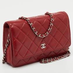 Pre Owned Chanel Red Quilted Leather Classic Wallet on Chain