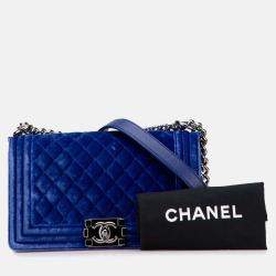 Pre Owned Chanel Blue Old Medium Quilted Velvet Boy Flap