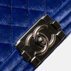Pre Owned Chanel Blue Old Medium Quilted Velvet Boy Flap