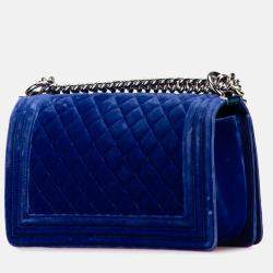 Pre Owned Chanel Blue Old Medium Quilted Velvet Boy Flap