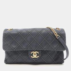 Pre Owned Chanel Metallic Stitch Navy Calfskin Leather Flap Bag