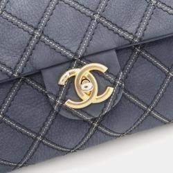Pre Owned Chanel Metallic Stitch Navy Calfskin Leather Flap Bag