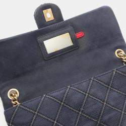 Pre Owned Chanel Metallic Stitch Navy Calfskin Leather Flap Bag