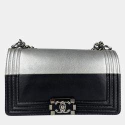 Pre Owned Chanel Boy Black Silver Leather Shoulder Bag