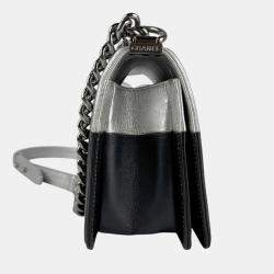 Pre Owned Chanel Boy Black Silver Leather Shoulder Bag