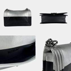 Pre Owned Chanel Boy Black Silver Leather Shoulder Bag