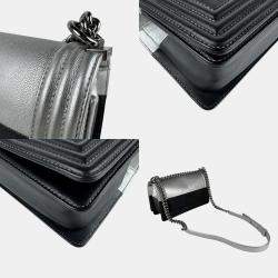 Pre Owned Chanel Boy Black Silver Leather Shoulder Bag