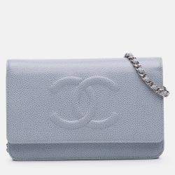Pre Owned Chanel Blue CC Caviar Wallet On Chain